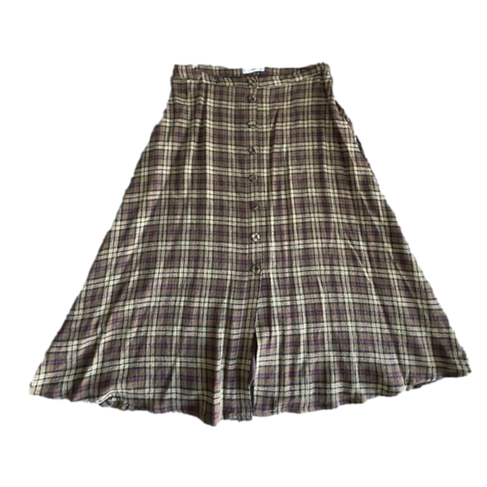 Mango women midi A-line plaid skirt front button down Sz L